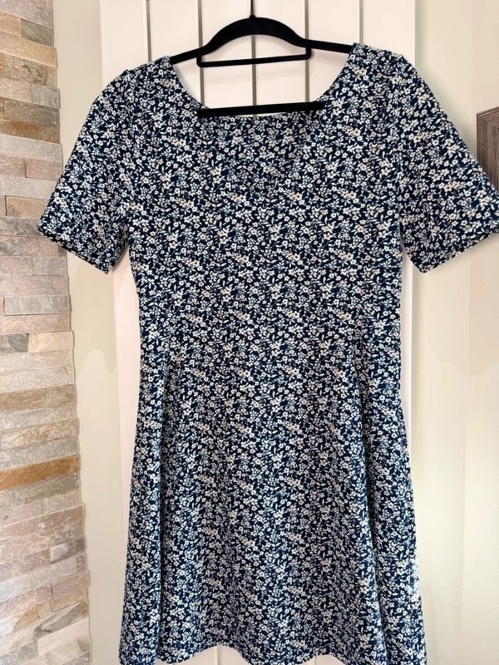 Navy Blue Floral Square-Neck Midi Dress